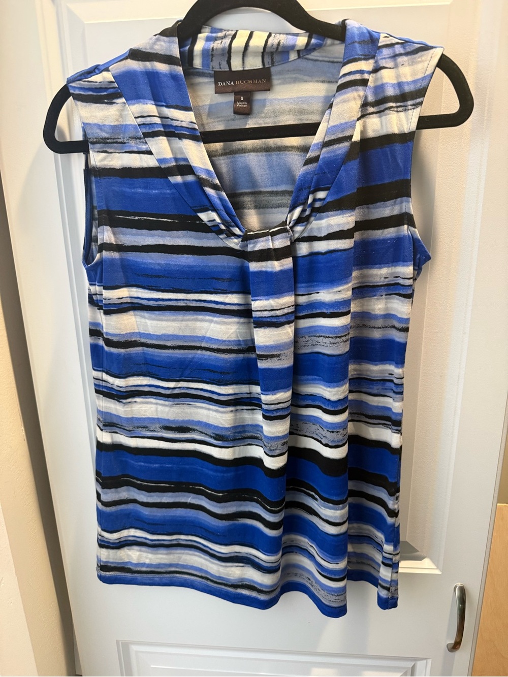 Dana Buchman Blue, Black and White Striped Sleeveless V-Neck Top